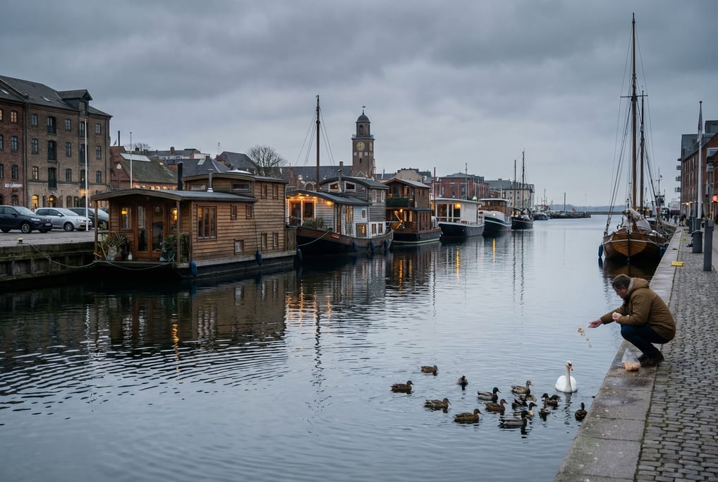City harbor promenade lined with houseboats moored along the quay, late afternoon