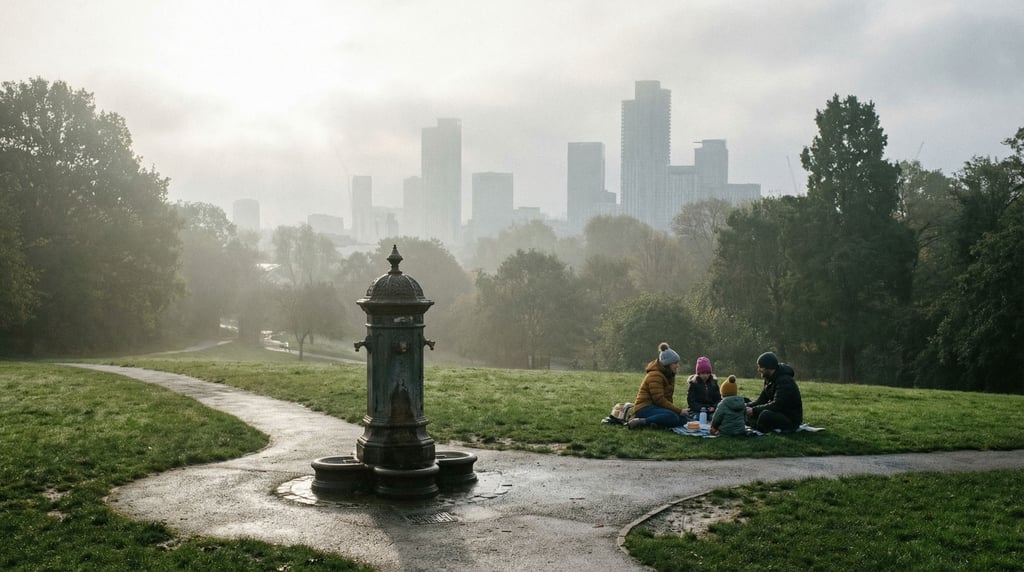 Urban hillside park bench with city towers visible in the background
