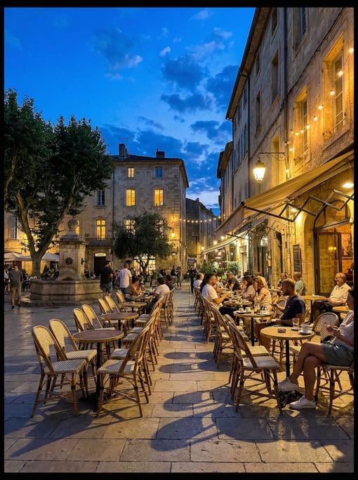 Outdoor coffee shop with sidewalk seating on a Mediterranean city square