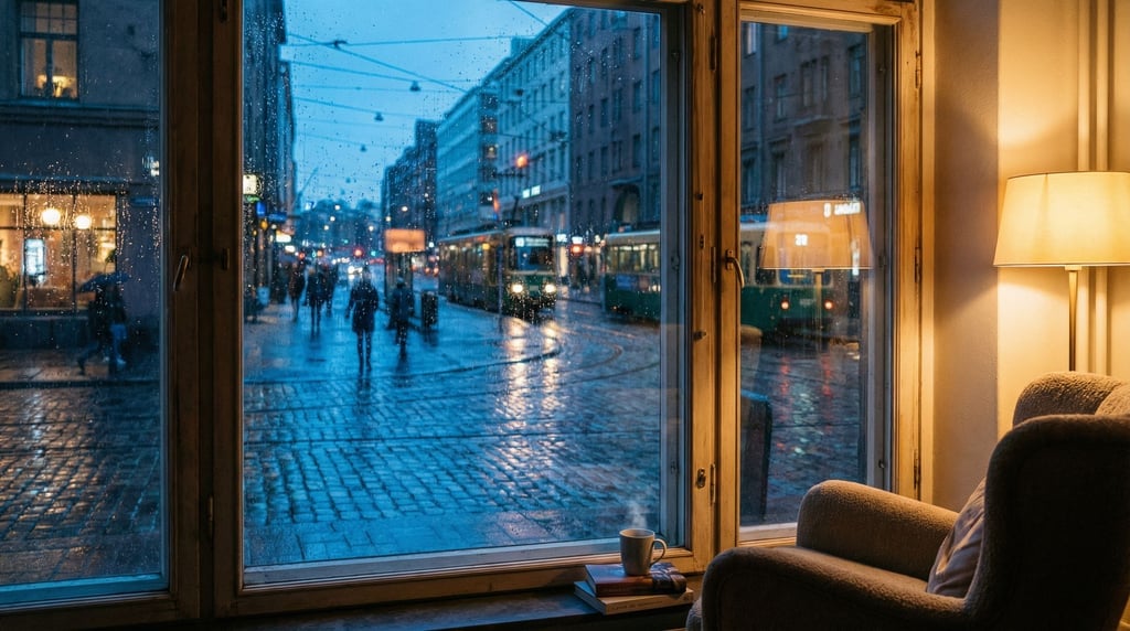 Looking out through a large floor-to-ceiling apartment window at a northern European city street