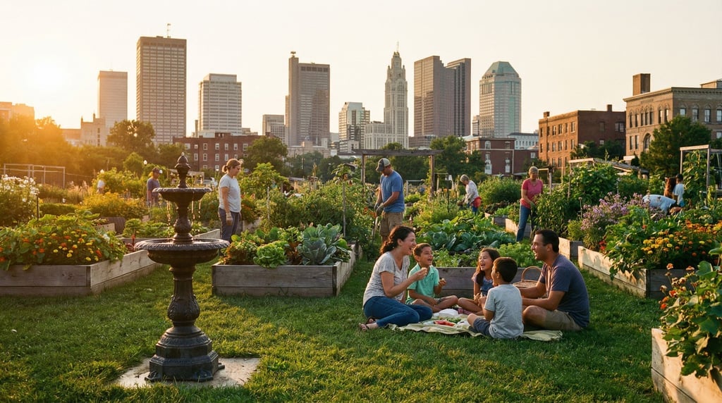 Community garden with raised beds with city towers visible in the background