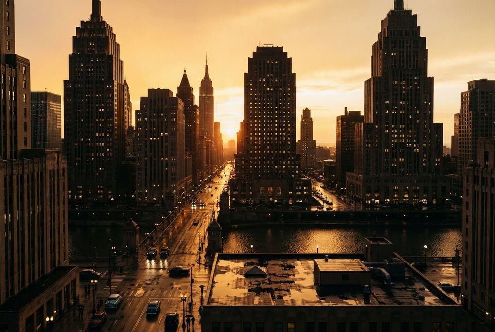 Sweeping panoramic view of a art deco city skyline at golden hour