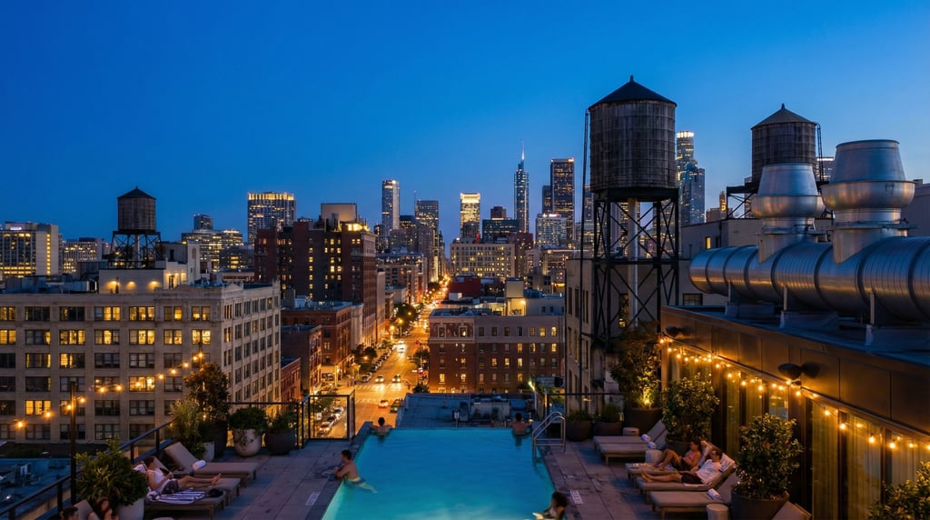 Rooftop pool deck overlooking downtown at blue hour