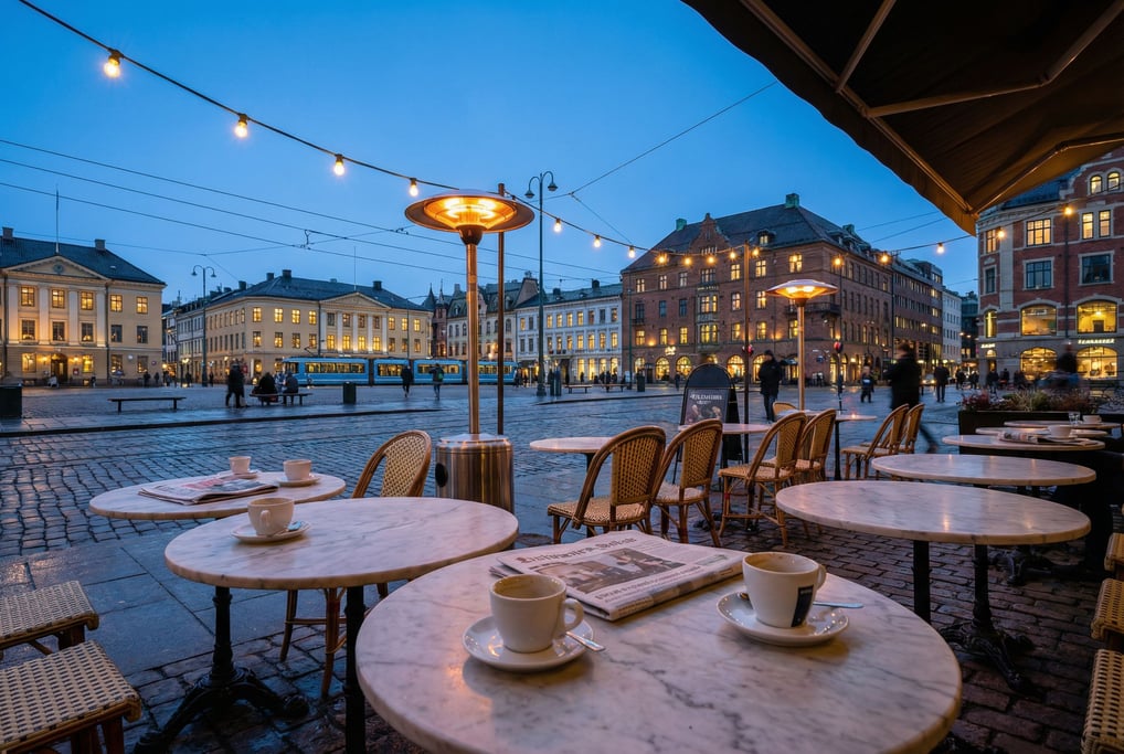 Outdoor bistro patio on a northern European city square