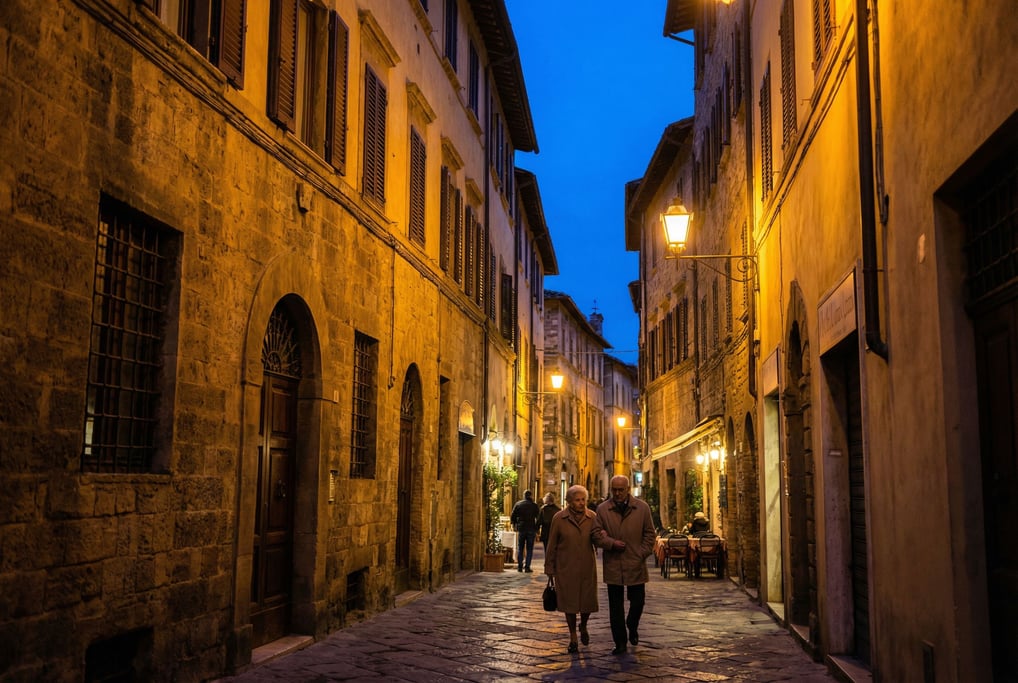 Narrow winding Italian vicolo with tall buildings on both sides creating a canyon of light and shado