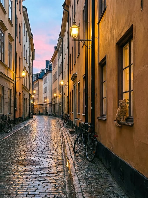 Narrow Stockholm Gamla Stan lane with cobblestones wet from recent rain reflecting warm light