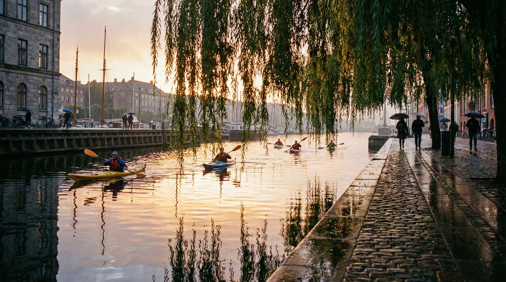 City harbor promenade lined with weeping willows hanging over the water edge, sunset
