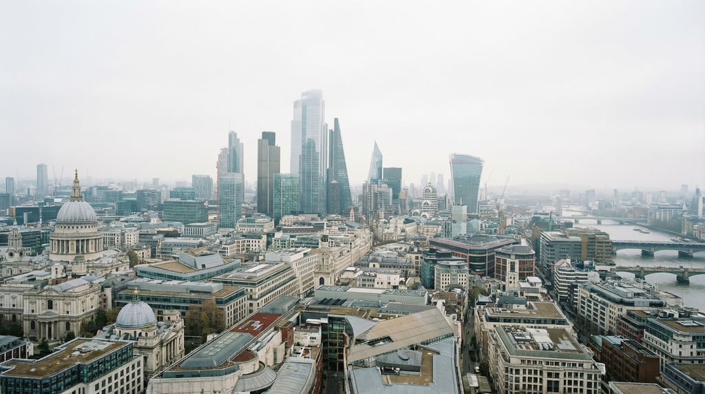 Sweeping panoramic view of a neoclassical city skyline at overcast midday