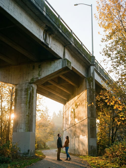 Concrete highway overpass seen from below on a crisp autumn day