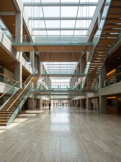 Soaring atrium with floating walkways inside a civic center