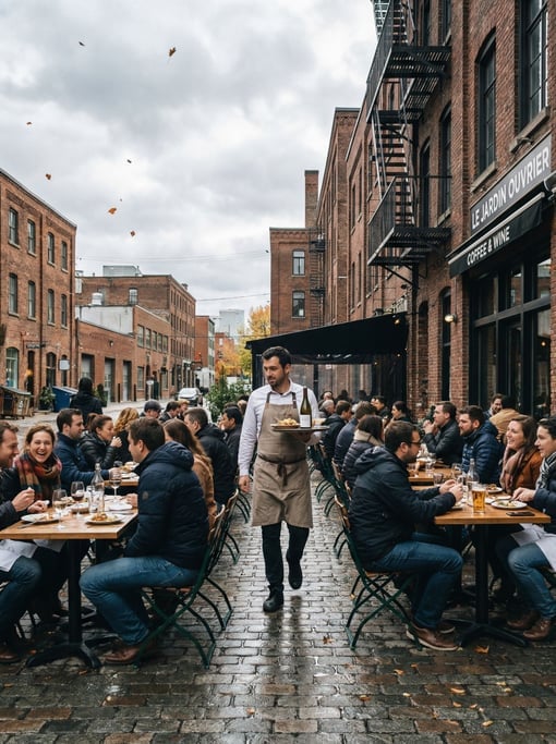 Outdoor bistro patio on a industrial city square, a waiter carrying a tray between tables