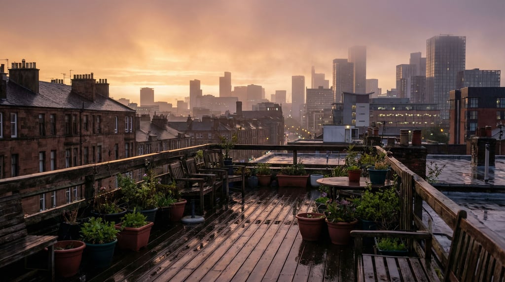 Distant city skyline seen from a residential rooftop terrace