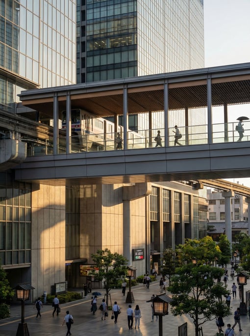 Elevated walkway between glass towers in a Kyoto