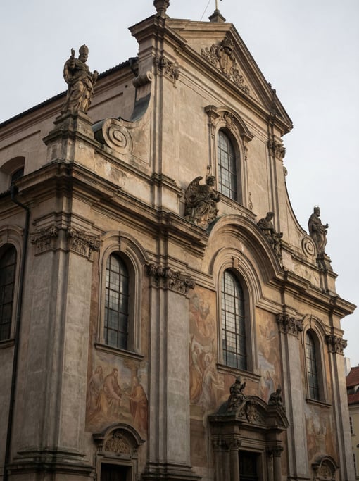 Baroque church facade with carved stone with ornate carved details catching side light