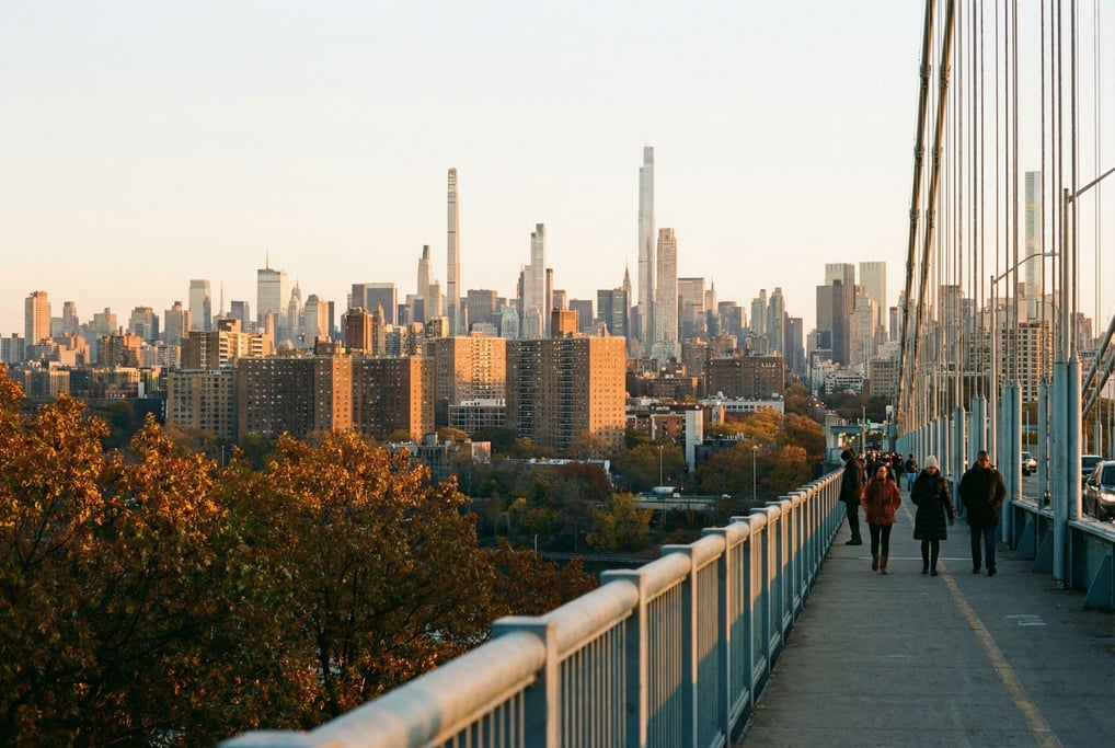 Distant city skyline seen from a bridge pedestrian walkway