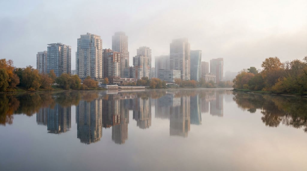 Postmodern city skyline reflected in a calm river at misty morning