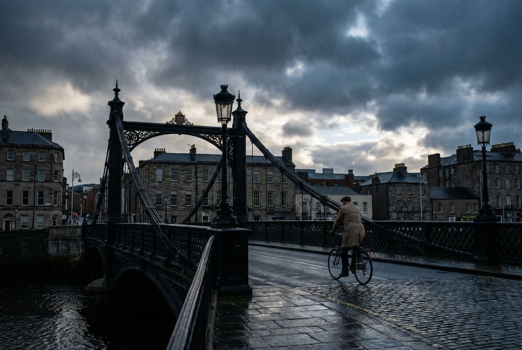 Cast iron Victorian bridge under dramatic clouds