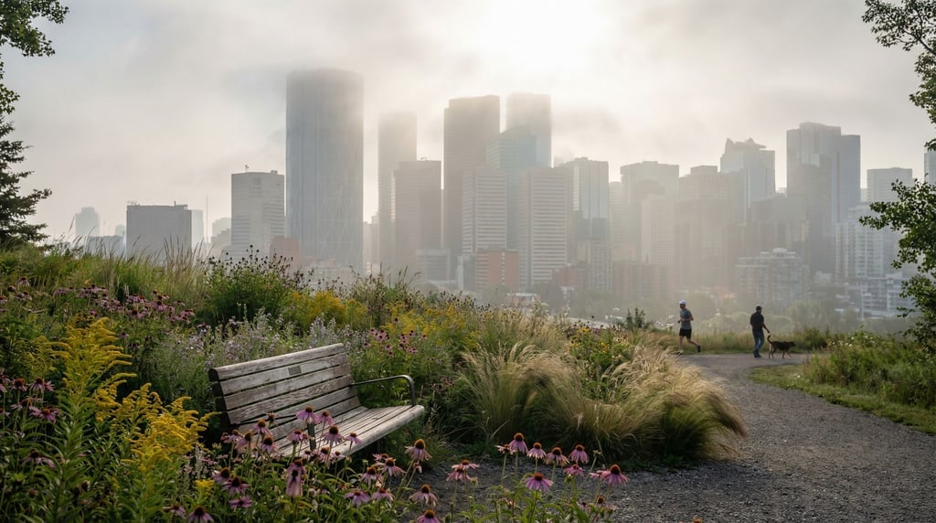 Urban hillside park bench with city towers visible in the background