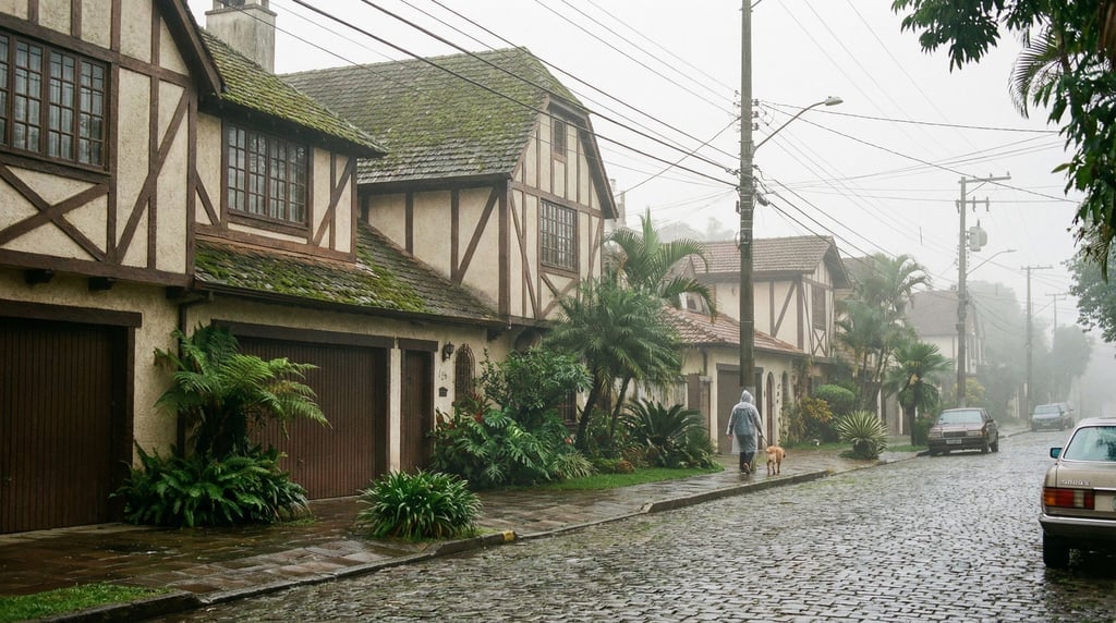 Half-timbered historic houses in a tropical neighborhood