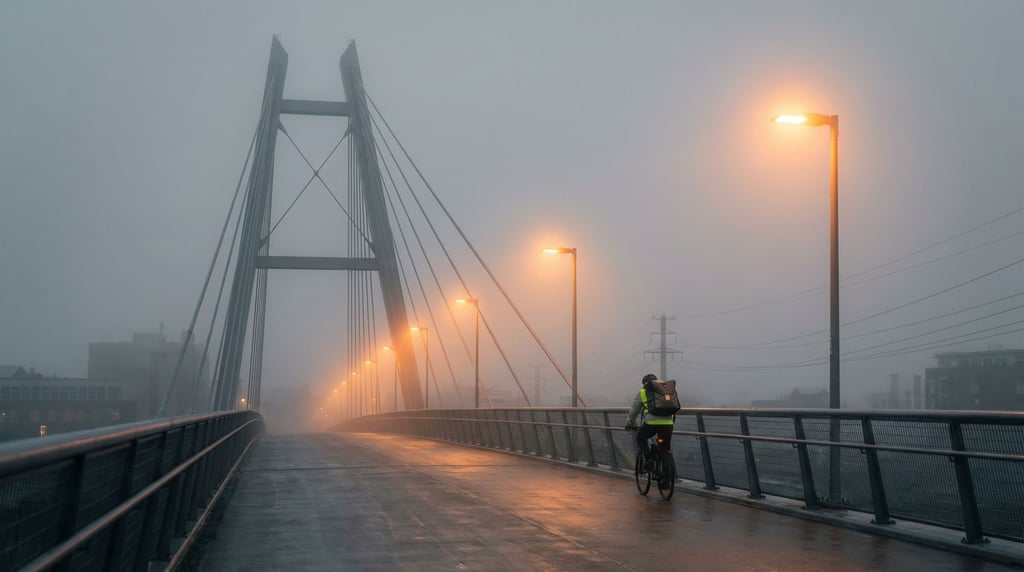 Modern cable-stayed pedestrian bridge at overcast midday, warm streetlights creating halos in fog