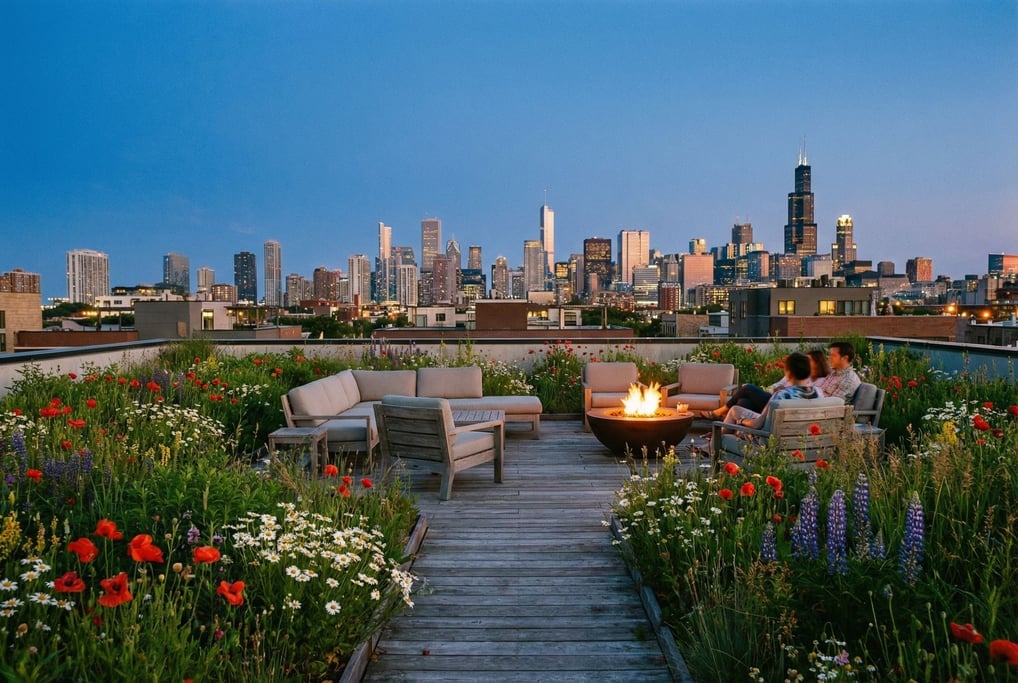 Green roof with wildflower meadow overlooking downtown at dusk