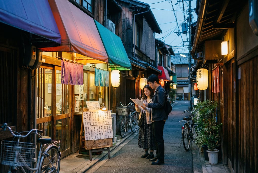 Narrow Kyoto wooden machiya street with colored awnings and hand-lettered menus, golden hour