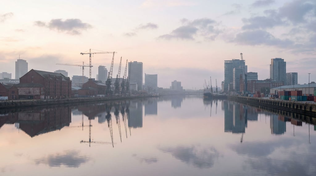 Industrial waterfront city skyline reflected in a calm river at misty morning