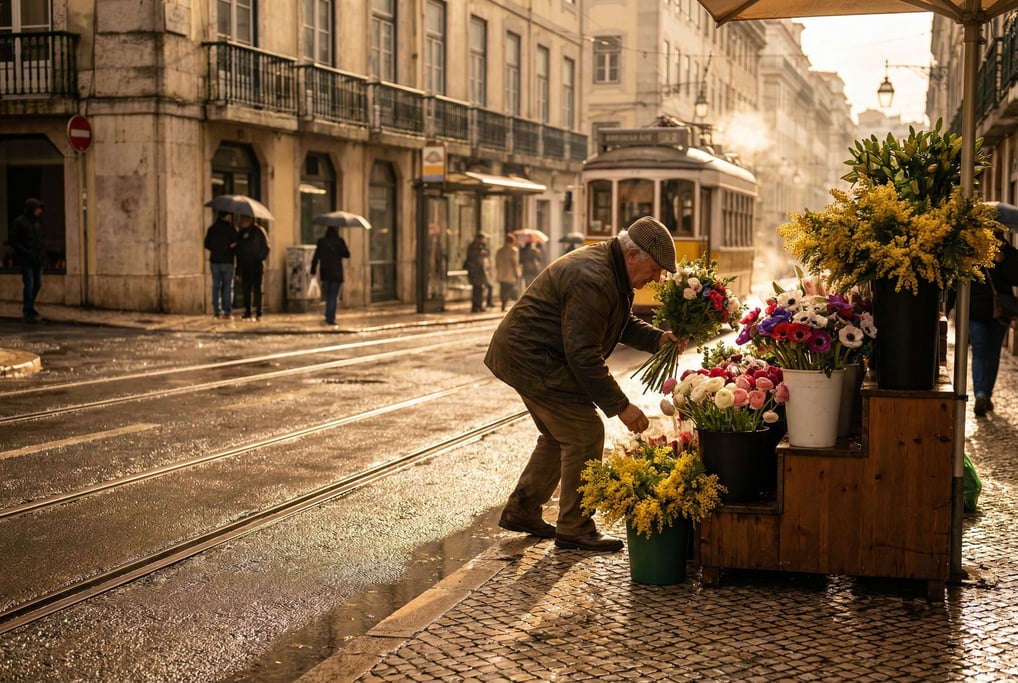 A flower seller arranging bouquets on a corner stall on a rain-slicked main road in a Mediterranean
