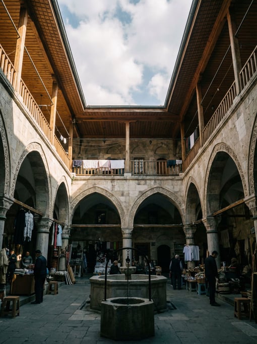Looking up through a courtyard of a Ottoman-era caravanserai