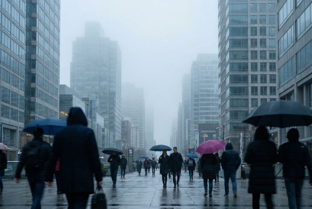 Modern city street in morning fog