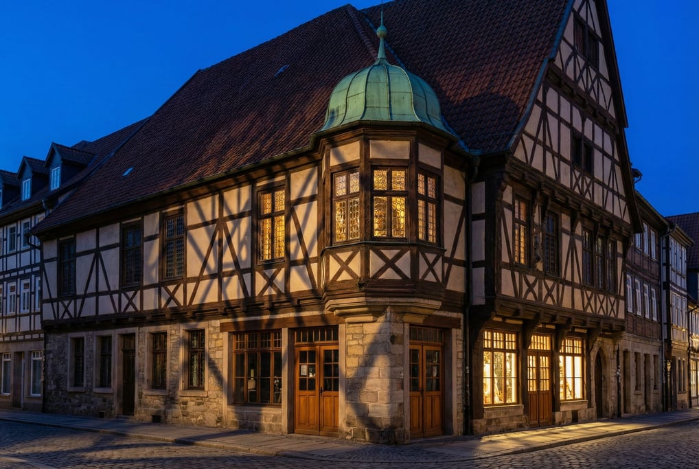 Half-timbered medieval merchant house with deep geometric shadow patterns from raking light