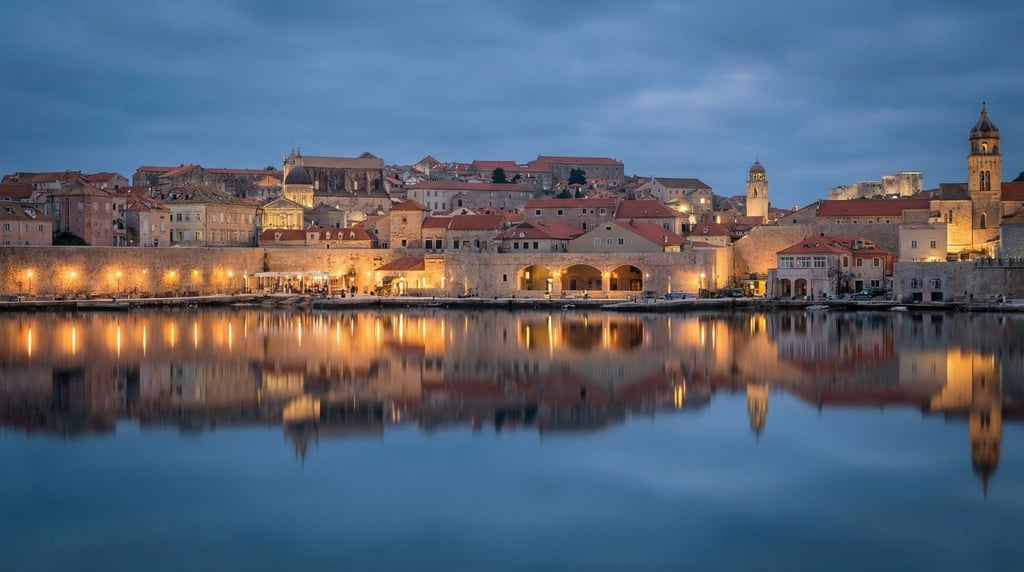 Mediterranean low-rise city skyline reflected in a calm river at blue hour