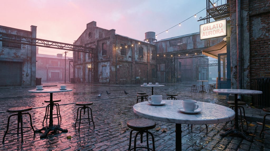Outdoor gelateria with outdoor stools on a industrial city square