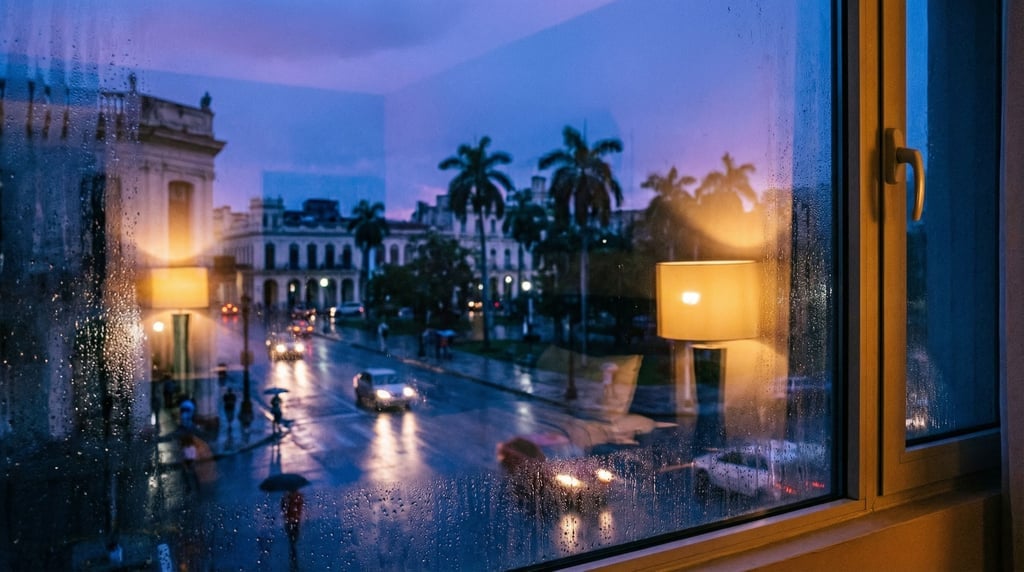 Looking out through a hotel room window on a high floor at a tropical city street