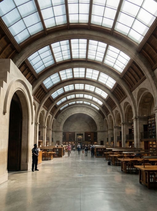 Vaulted gallery with skylights inside a city library, dramatic scale making people appear small