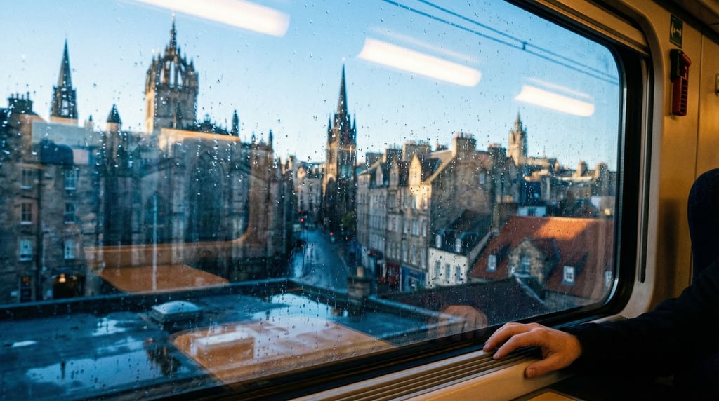 View through a train window speeding past the city overlooking a historic cityscape at early morning