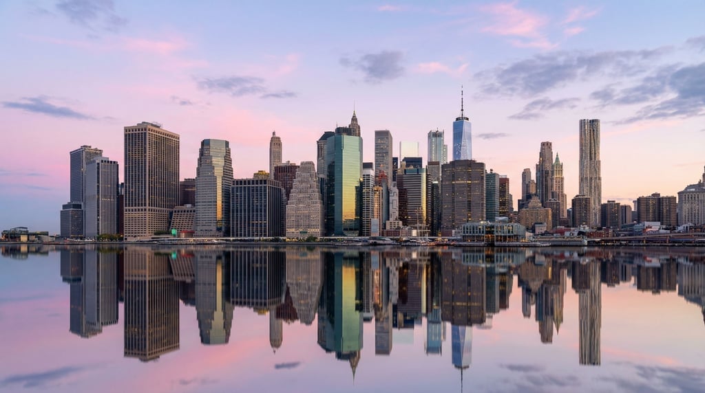 High-rise financial district city skyline reflected in a calm river at dawn
