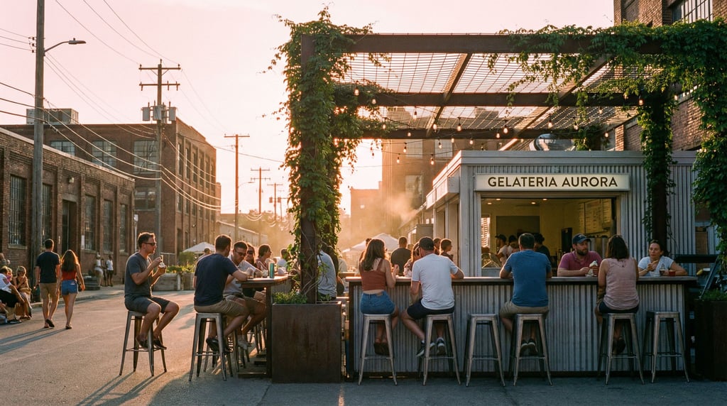 Outdoor gelateria with outdoor stools on a industrial city square