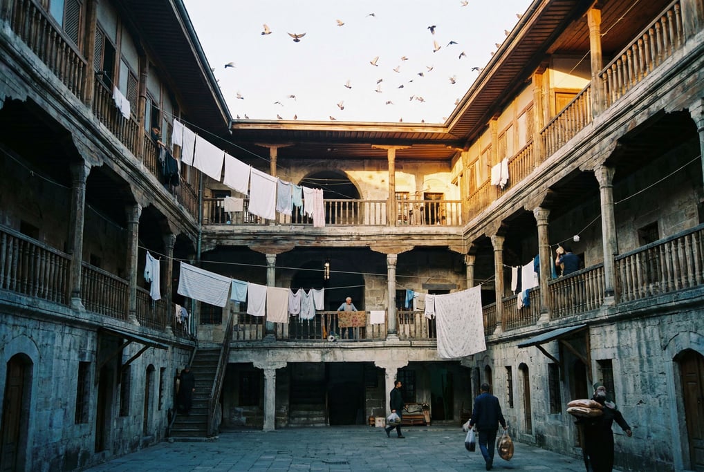 Looking up through a courtyard of a Ottoman-era caravanserai