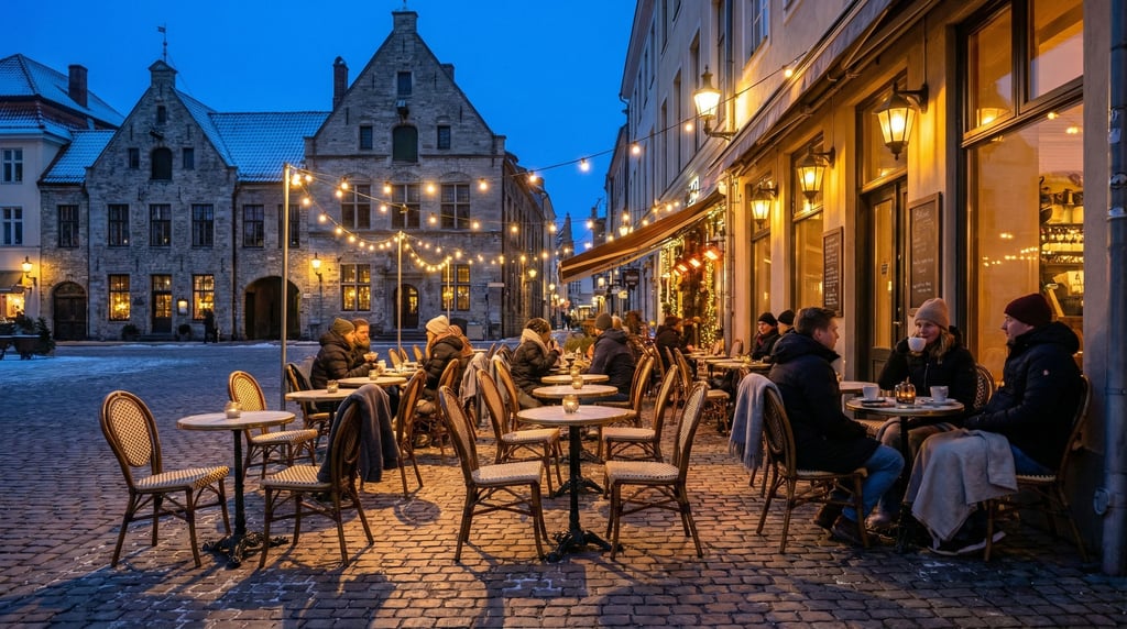 Outdoor bistro patio on a northern European city square