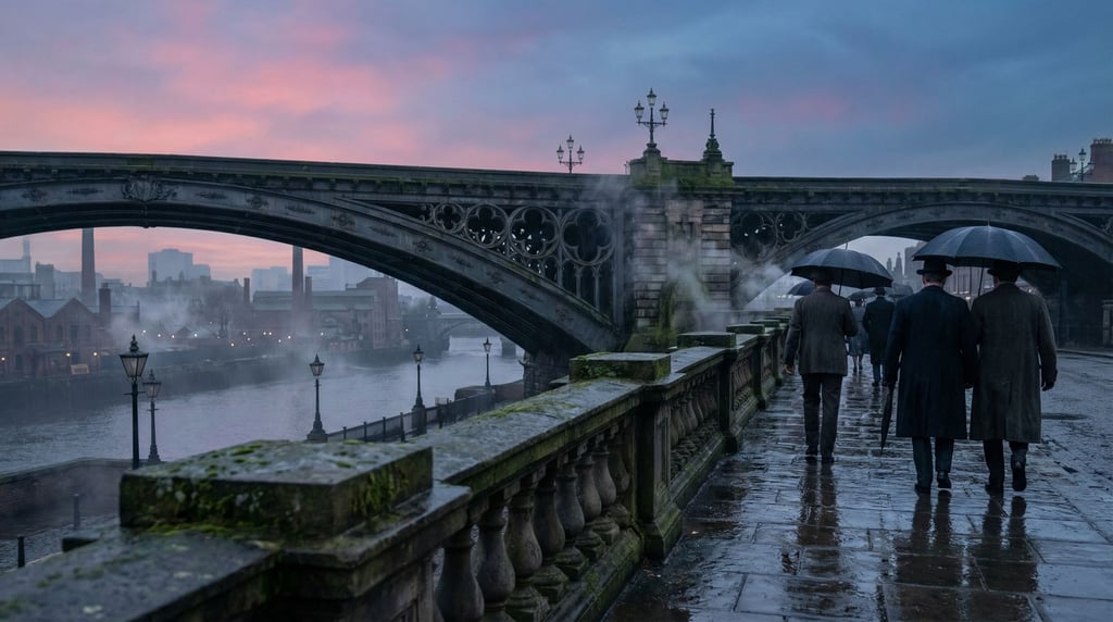 Cast iron Victorian bridge at dawn, stone balustrades with weathered moss