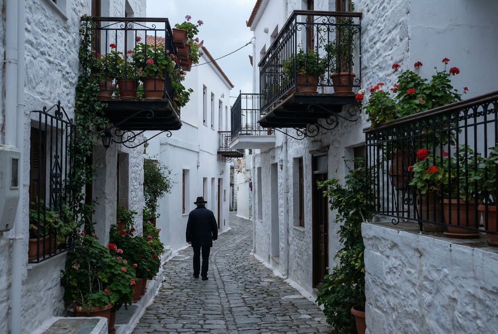 Narrow Greek island whitewashed lane with wrought iron balconies with hanging plants