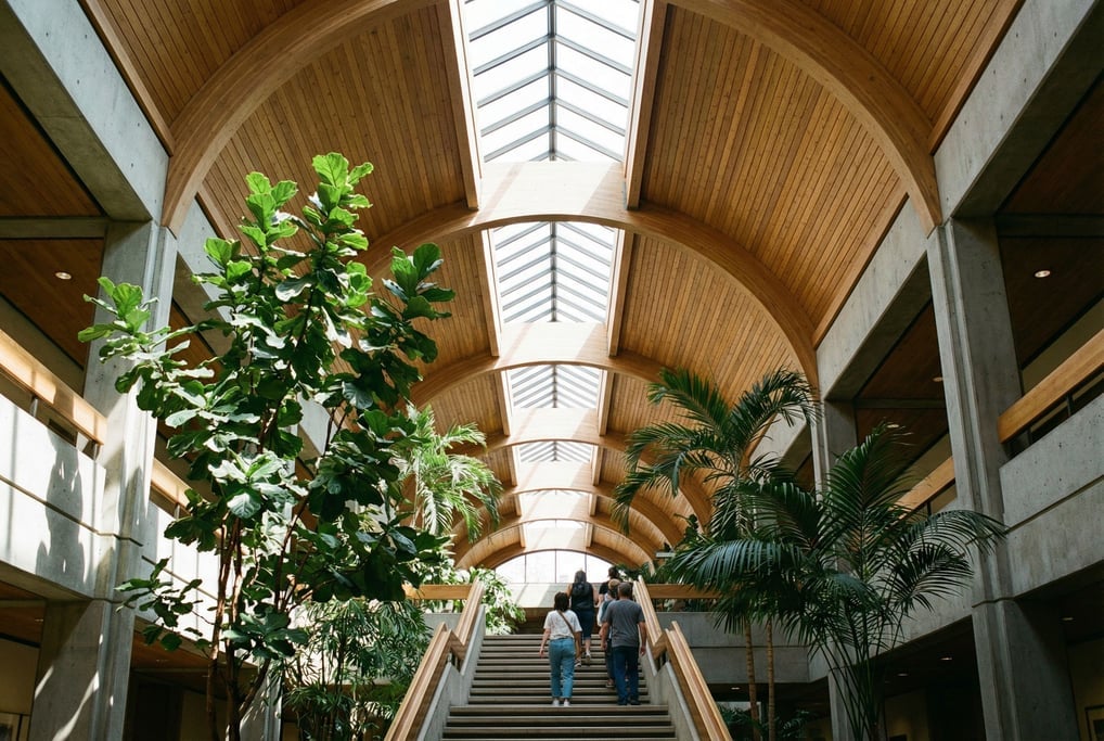Vaulted gallery with skylights inside a civic center