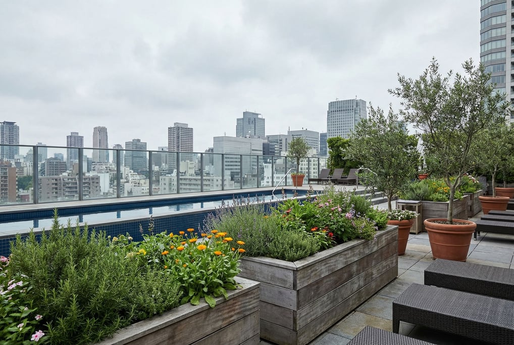 Rooftop pool deck overlooking downtown at overcast midday