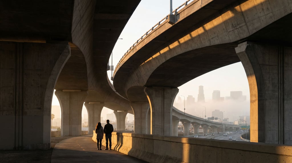 Concrete highway overpass seen from below at late afternoon