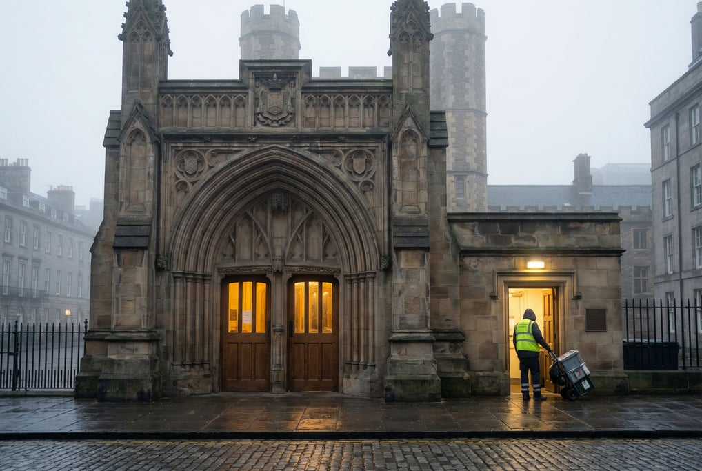 Gothic stone archway entrance to a university, geometric stone carvings above the doorway