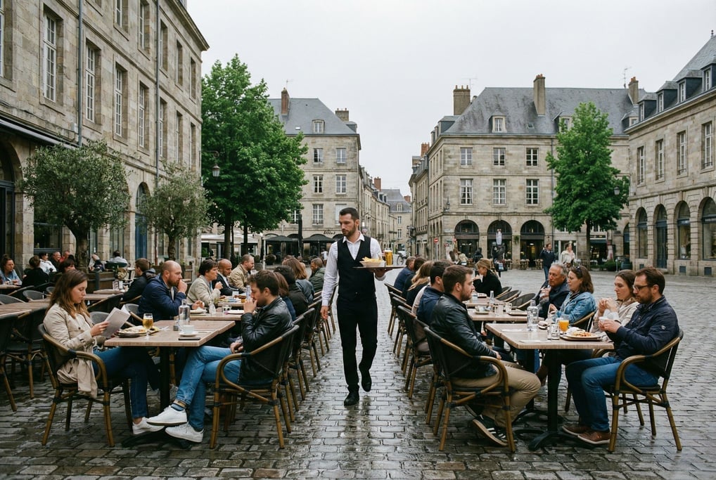 Outdoor café terrace on a historic city square, a waiter carrying a tray between tables