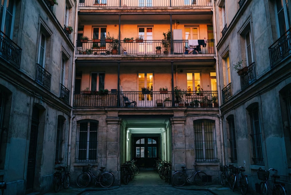 Looking up through a courtyard of a Parisian apartment block