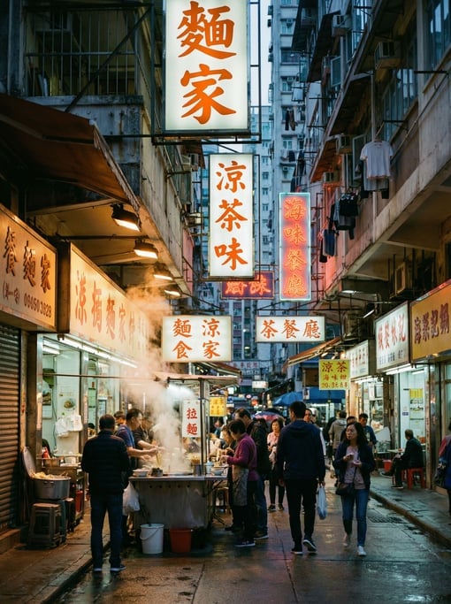 Narrow Hong Kong tong lau neighborhood street with vertical signage in local script on narrow buildi