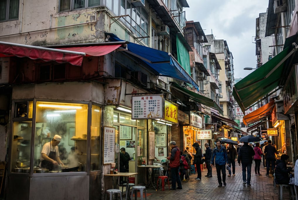 Narrow Hong Kong tong lau neighborhood street with colored awnings and hand-lettered menus